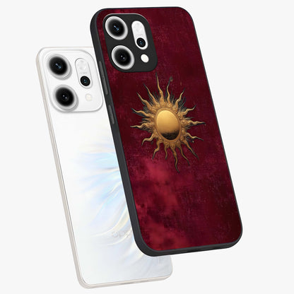 Golden Sun Minimalism Glass Case displayed in angled mockup highlighting clean sun symbol design with modern minimal aesthetic.