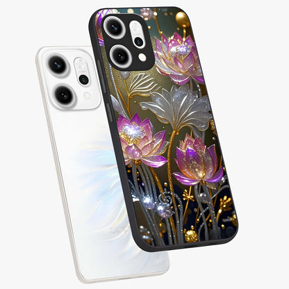 Golden Floral Majesty Glass Case displayed in angled mockup highlighting elegant flower design with royal golden aesthetic.