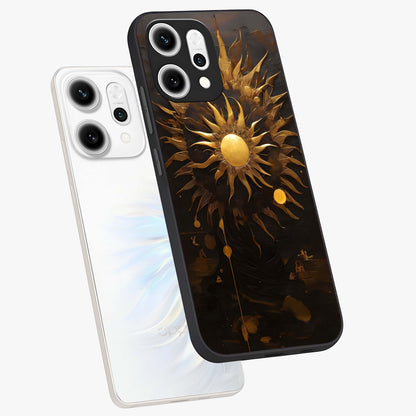Golden Sun Majesty Glass Case displayed in angled mockup highlighting eerie shadow illustration with gothic aesthetic.