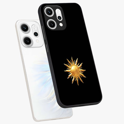 Golden Sun Minimalism Glass Case displayed in angled mockup highlighting eerie shadow illustration with gothic aesthetic.