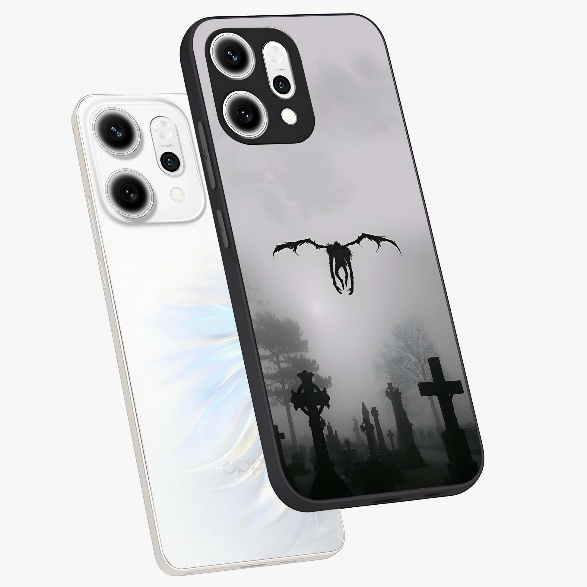 Graveyard Shadow Descent Glass Case displayed in angled mockup highlighting eerie shadow illustration with gothic aesthetic.