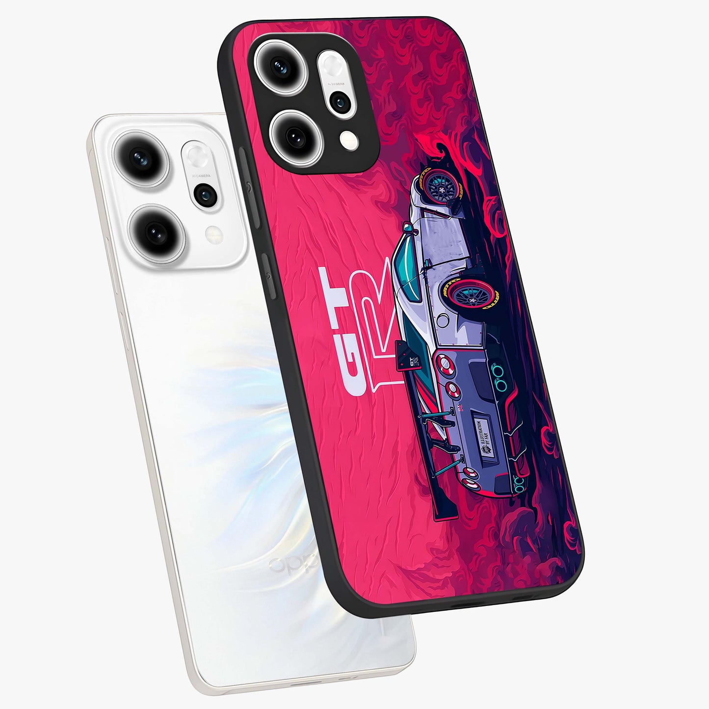 GT-R Car Pattern Glass Case displayed in angled mockup highlighting racing car graphic design with bold automotive aesthetic.