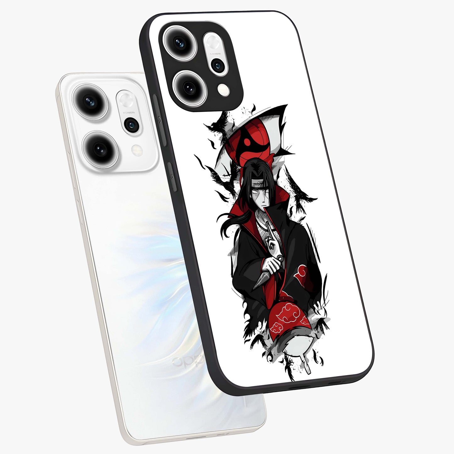 Itachi Limited Edition Naruto Anime Glass Case displayed in angled mockup highlighting dramatic anime illustration with bold action aesthetic.