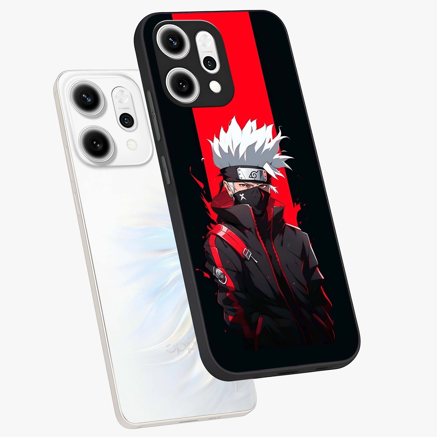 Kakashi Scarlet Shadow Glass Case displayed in angled mockup highlighting dramatic ninja illustration with scarlet themed aesthetic.
