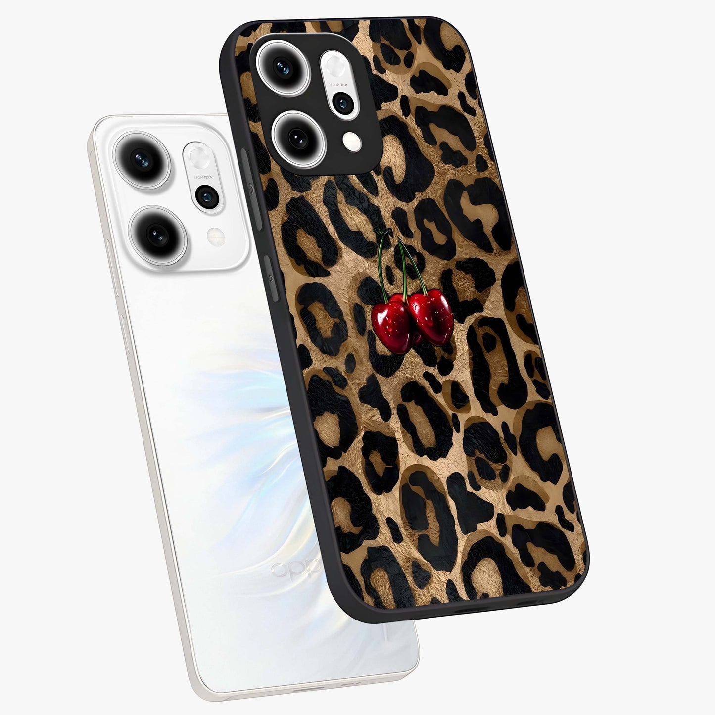 Leopard Wild Cherry Glass Case displayed in angled mockup highlighting bold animal print design with playful cherry aesthetic.