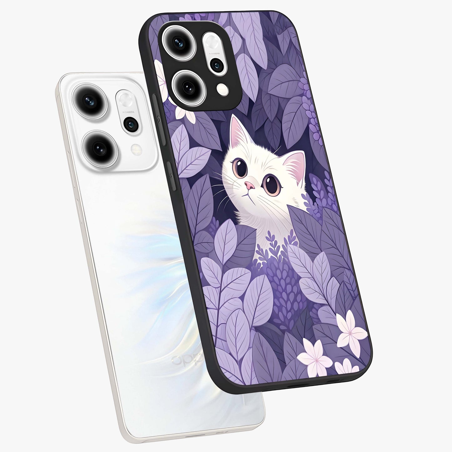 Lilac Hide Peek Cat Glass Case displayed in angled mockup highlighting playful feline illustration with lilac aesthetic design.