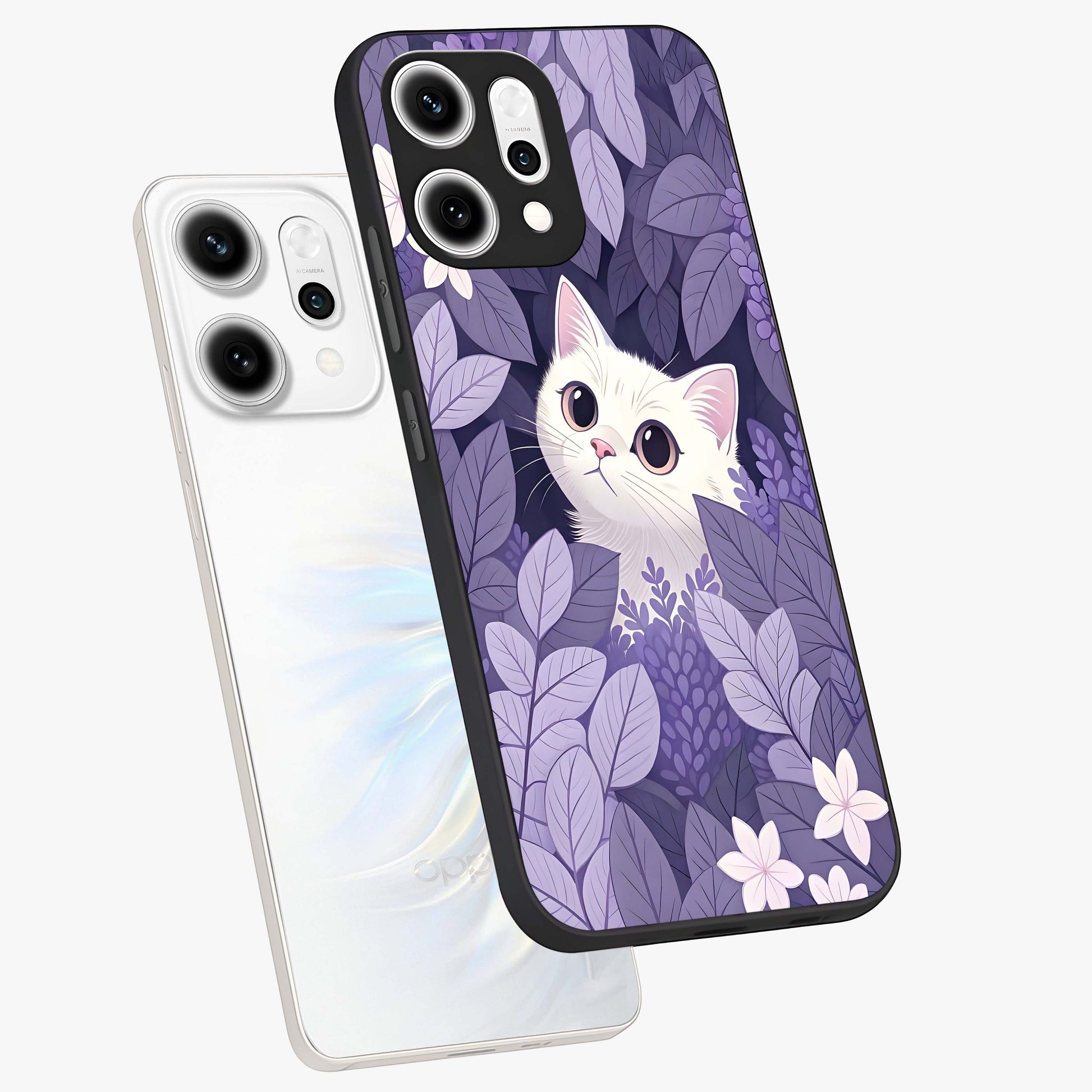 Lilac Hide Peek Cat Glass Case displayed in angled mockup highlighting playful feline illustration with lilac aesthetic design.