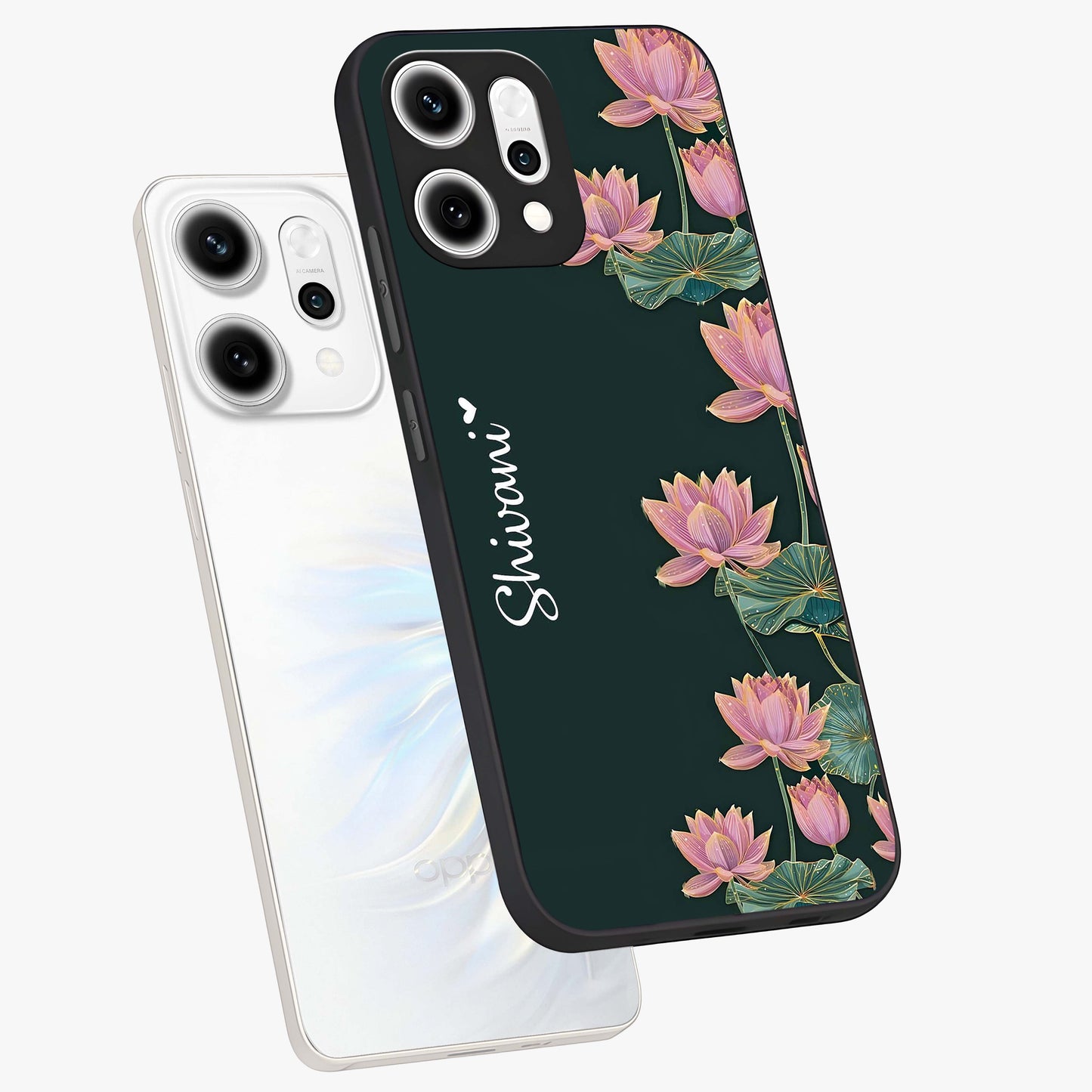 Lotus Bloom Serenity Custom Name Glass Case displayed in angled mockup highlighting graceful lotus illustration with custom name feature.
