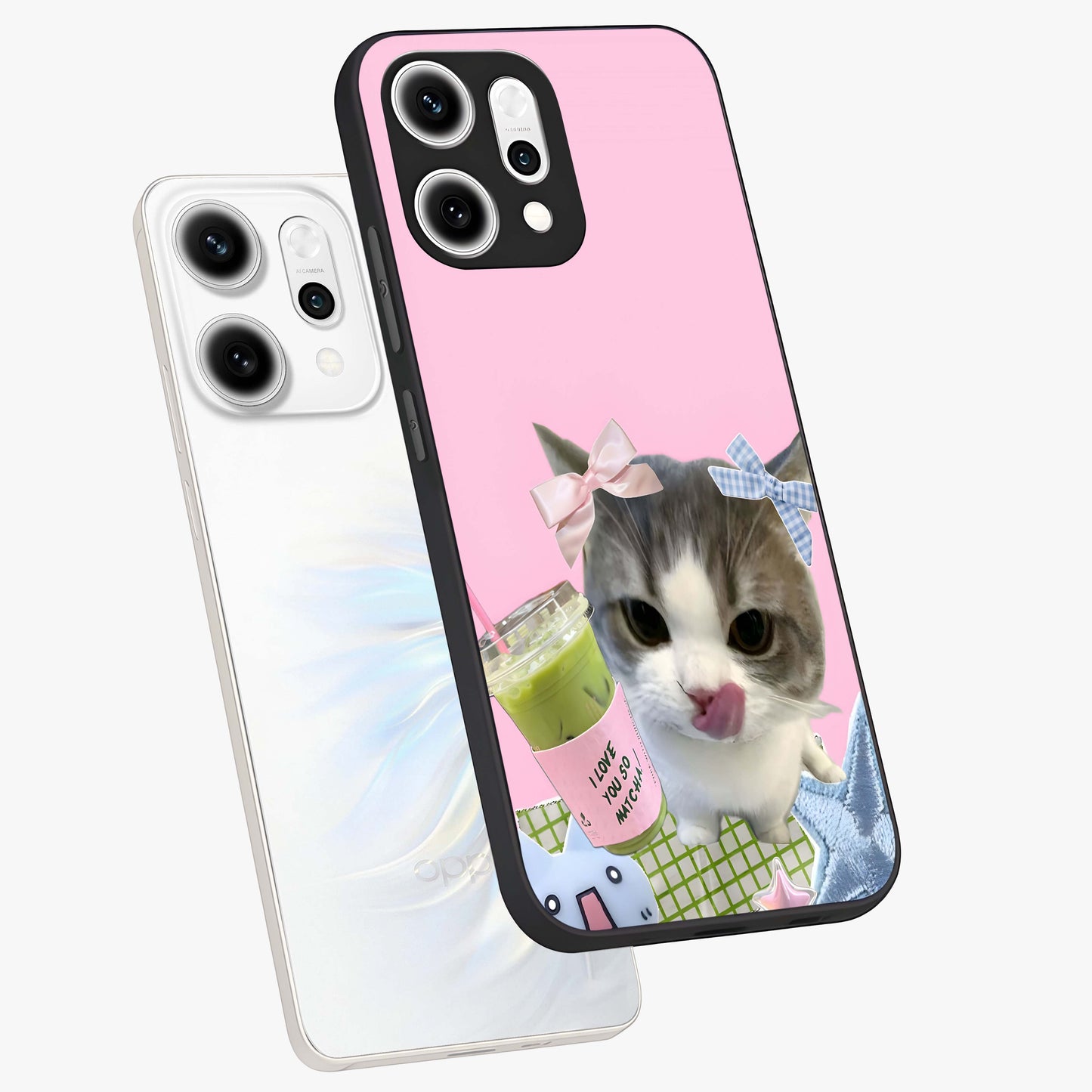 Love Matcha Cat Glass Case displayed in angled mockup highlighting playful feline illustration with cozy matcha aesthetic.