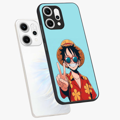 Luffy Summer Anime Vibe Glass Case displayed in angled mockup highlighting energetic anime illustration with summer vibe aesthetic.