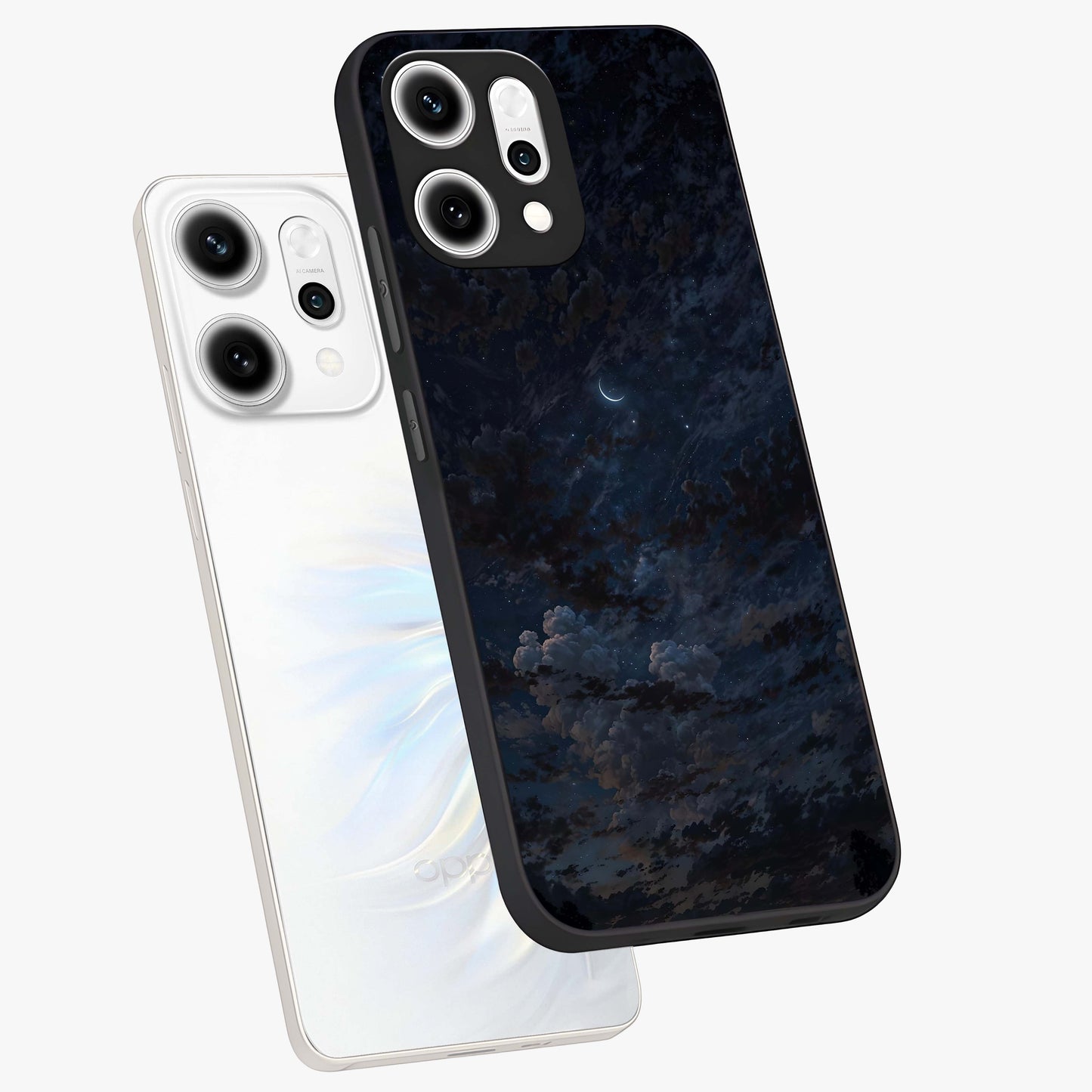 Lunar Veil Silence Glass Case displayed in angled mockup highlighting soft lunar design with peaceful celestial aesthetic.