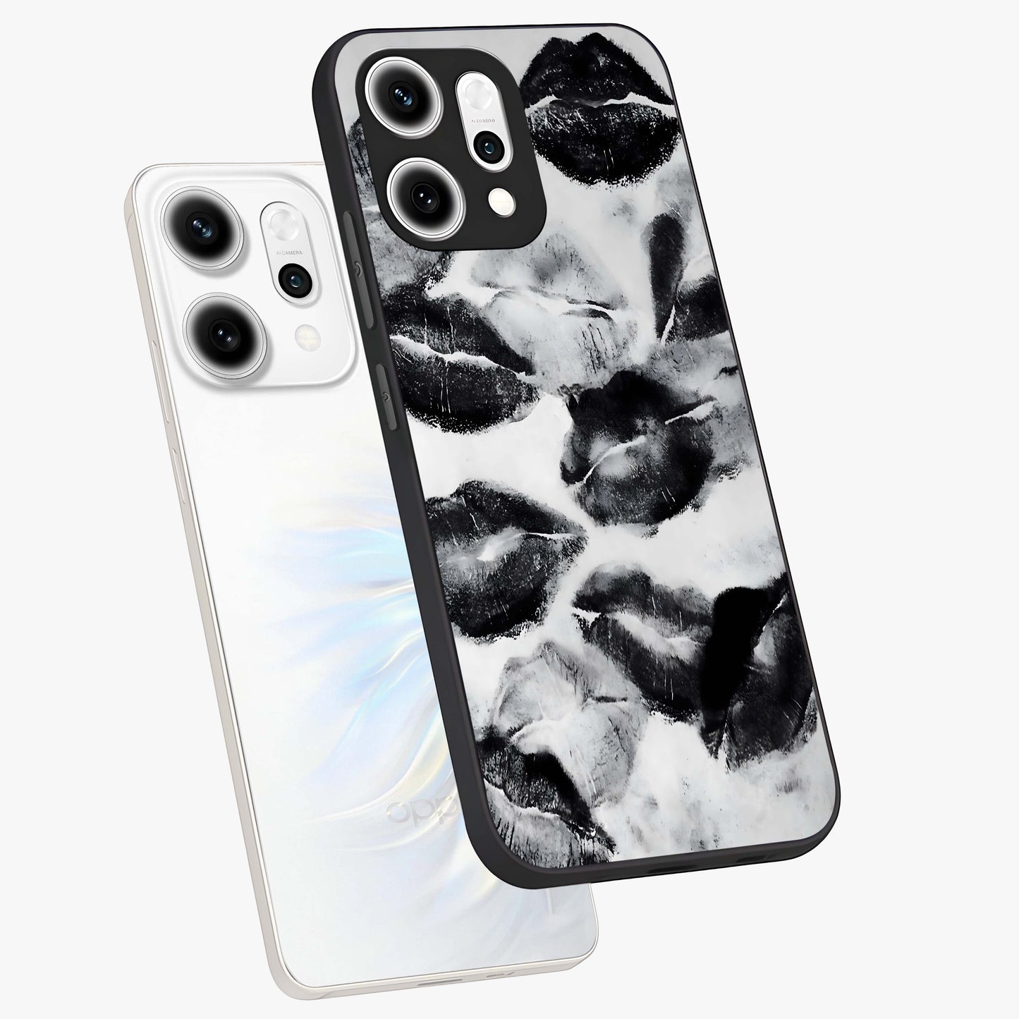 Midnight Kiss Marks Glass Case displayed in angled mockup highlighting playful romantic design with bold midnight aesthetic.