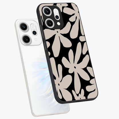 Monochrome Petal Dance Glass Case displayed in angled mockup highlighting elegant petal design with black and white aesthetic.