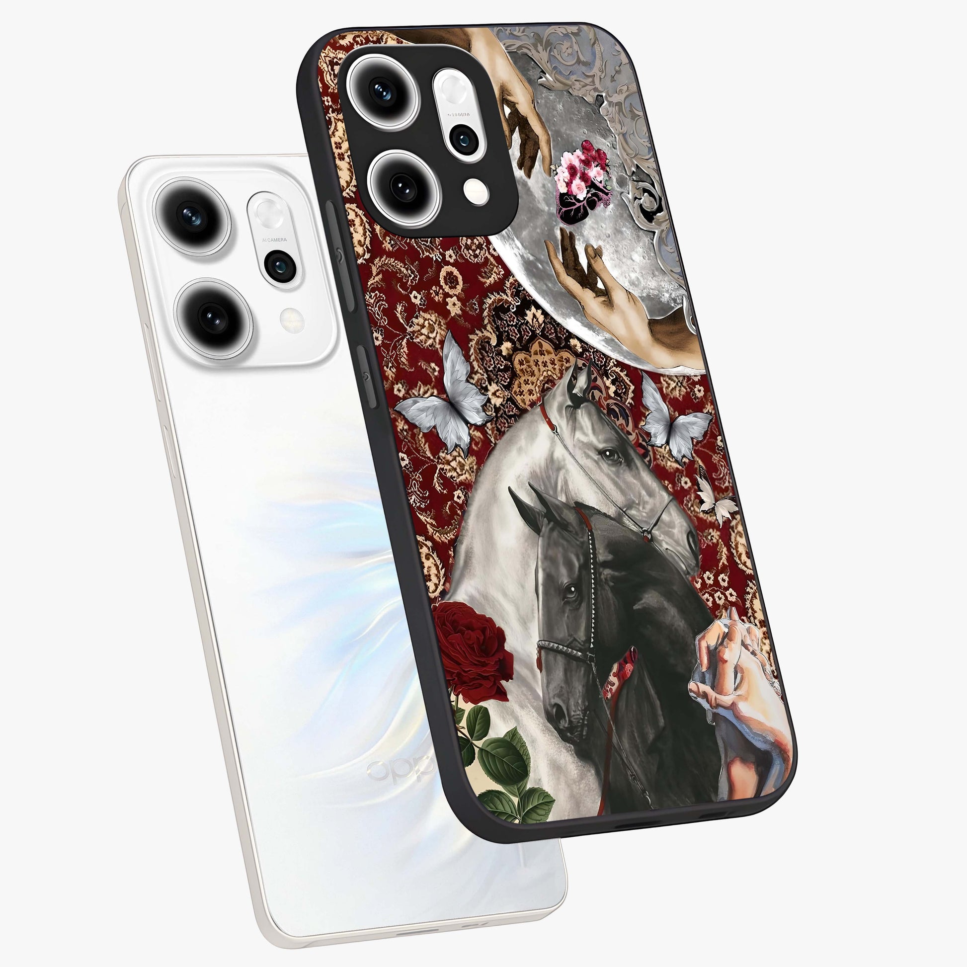 Moonlit Royal Stallion Glass Case displayed in angled mockup highlighting powerful stallion illustration with royal night aesthetic.