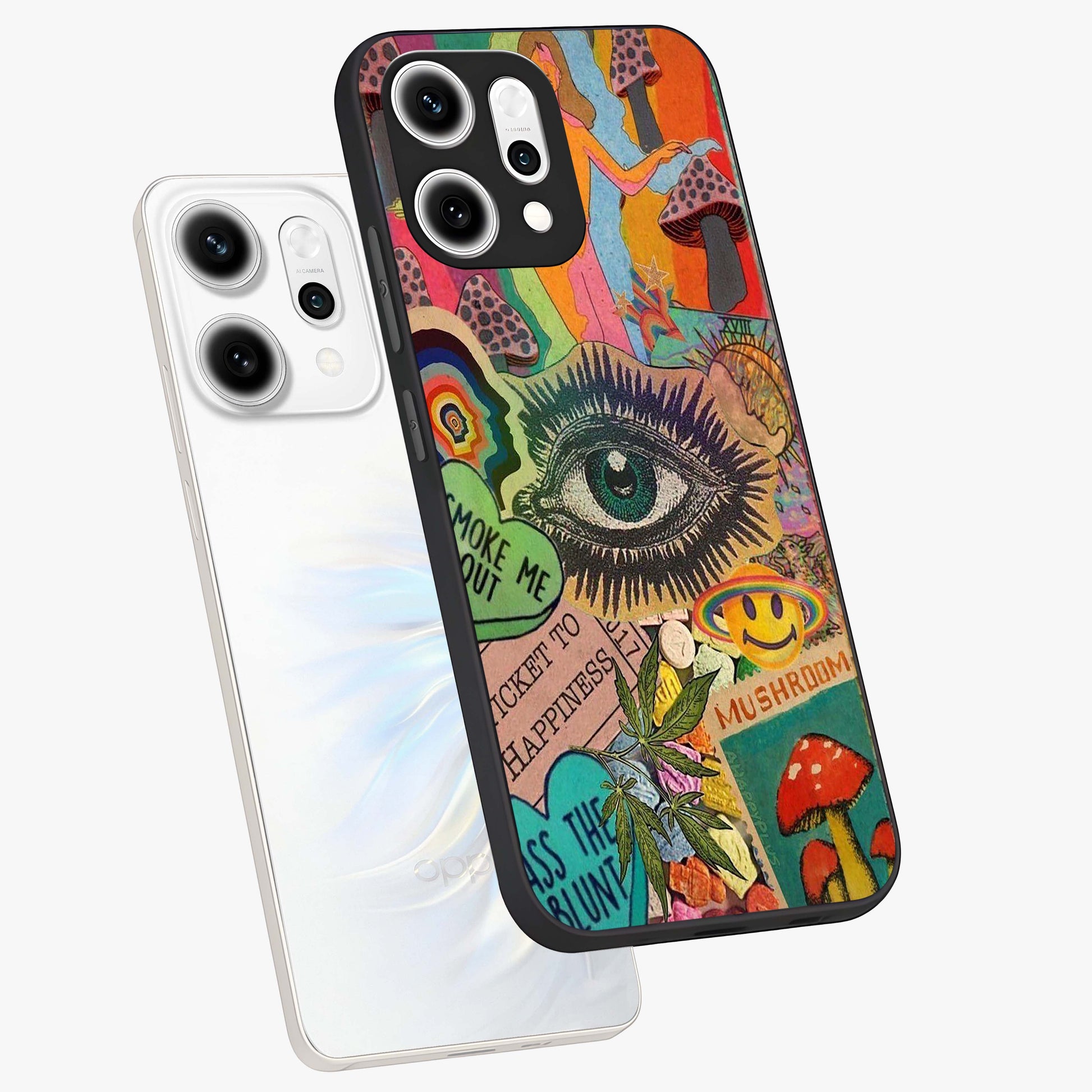 Mystic Eye Wonderland Glass Case displayed in angled mockup highlighting magical eye illustration with dreamy aesthetic.