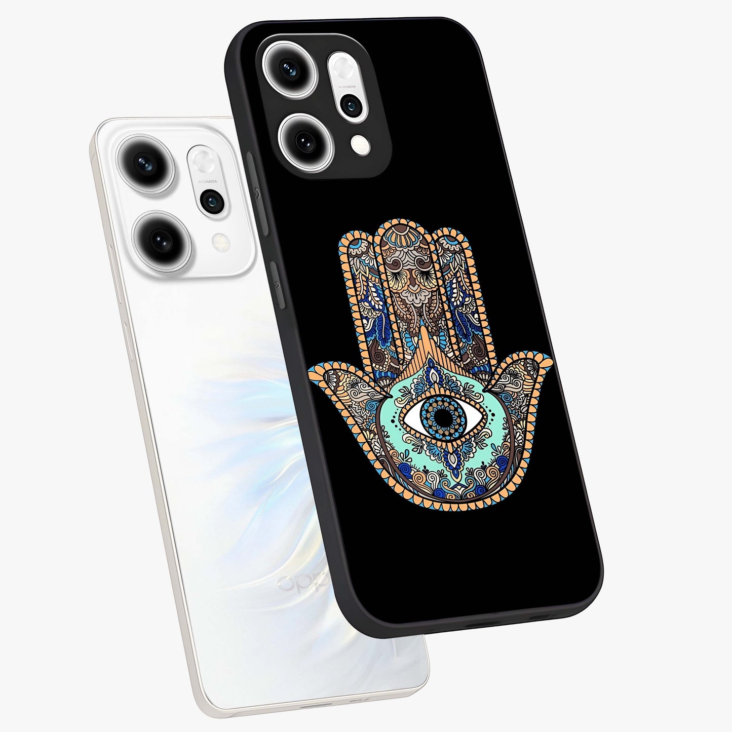 Mystic Hamsa Eye Glass Case displayed in angled mockup highlighting spiritual hamsa symbol with mystical aesthetic style.