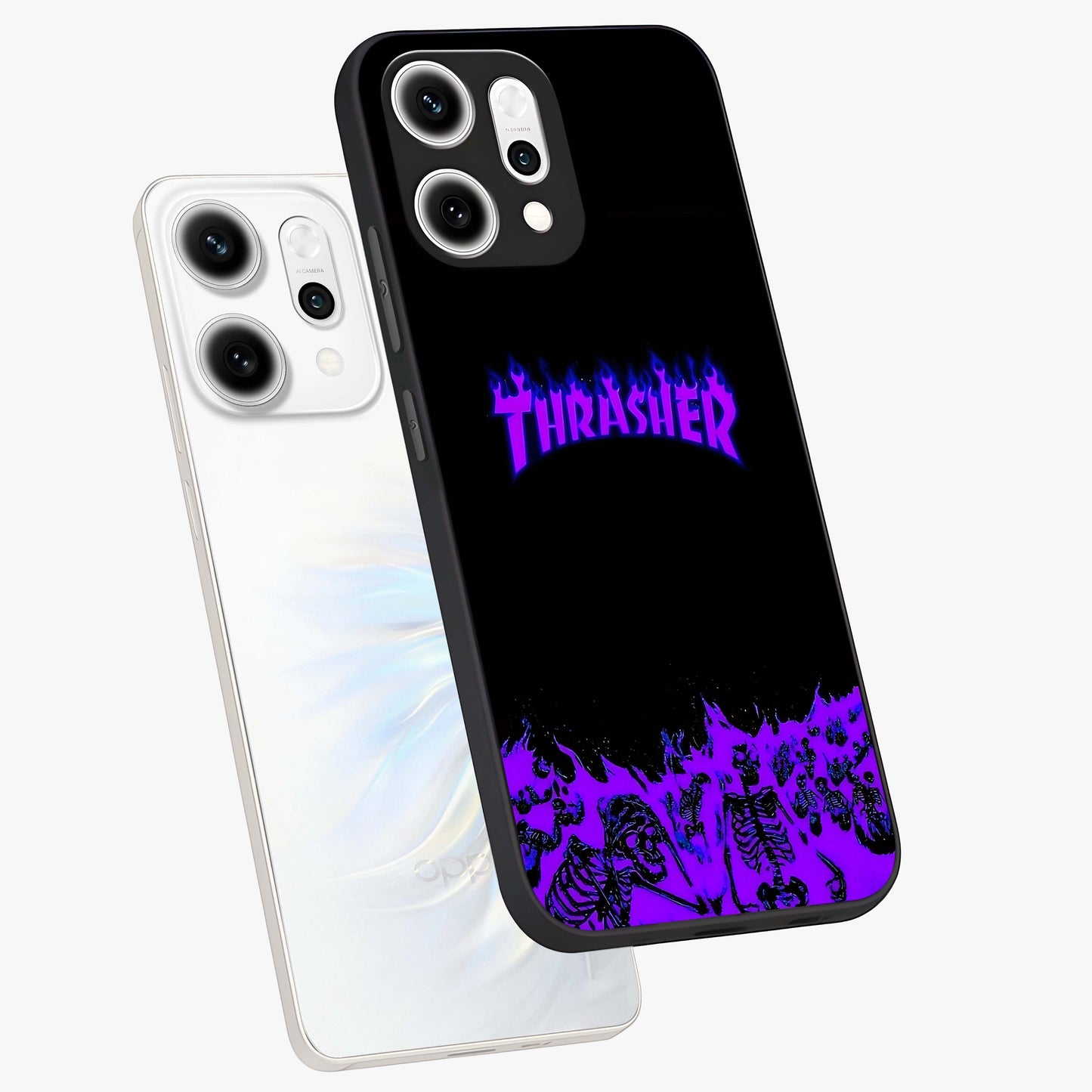Neon Flame Riot Glass Case displayed in angled mockup highlighting glowing flame design with vibrant neon aesthetic.