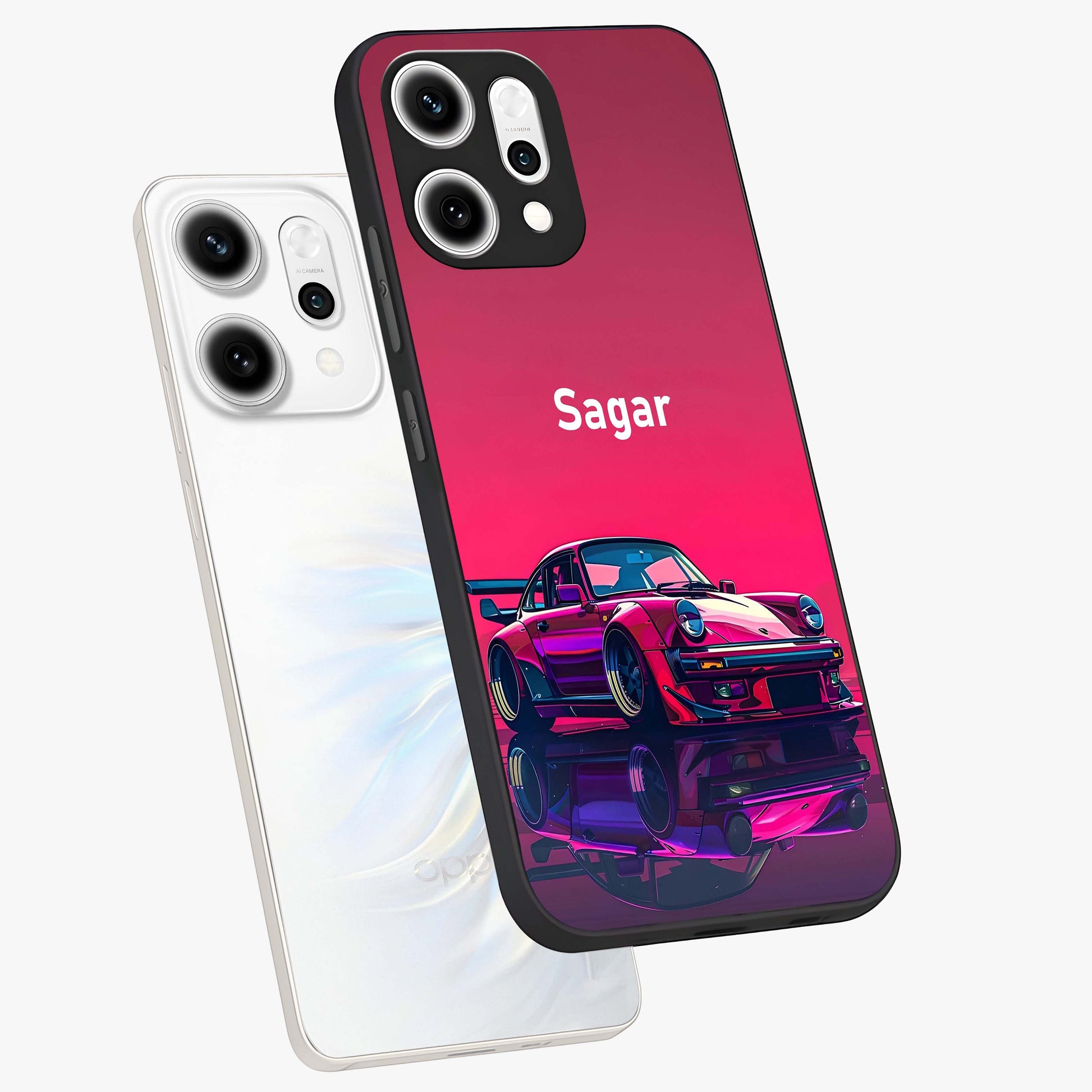 Neon Pink Porsche Glass Case displayed in angled mockup highlighting sleek neon pink car design with racing aesthetic.