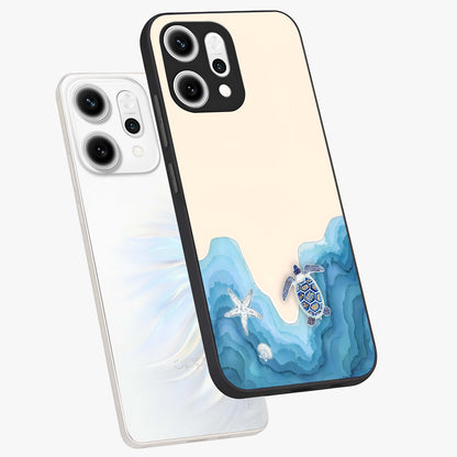 Ocean Drift Turtle Glass Case displayed in angled mockup highlighting peaceful ocean turtle illustration with marine aesthetic.