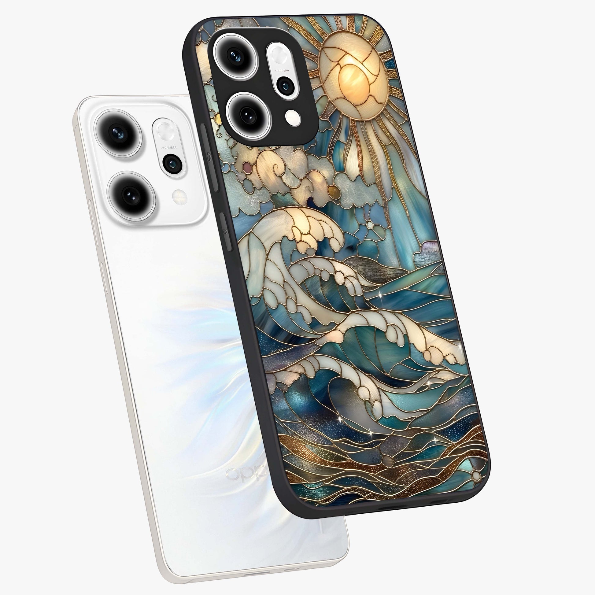 Oceanic Stained Printed Glass Case displayed in angled mockup highlighting colorful aquatic design with artistic aesthetic style.