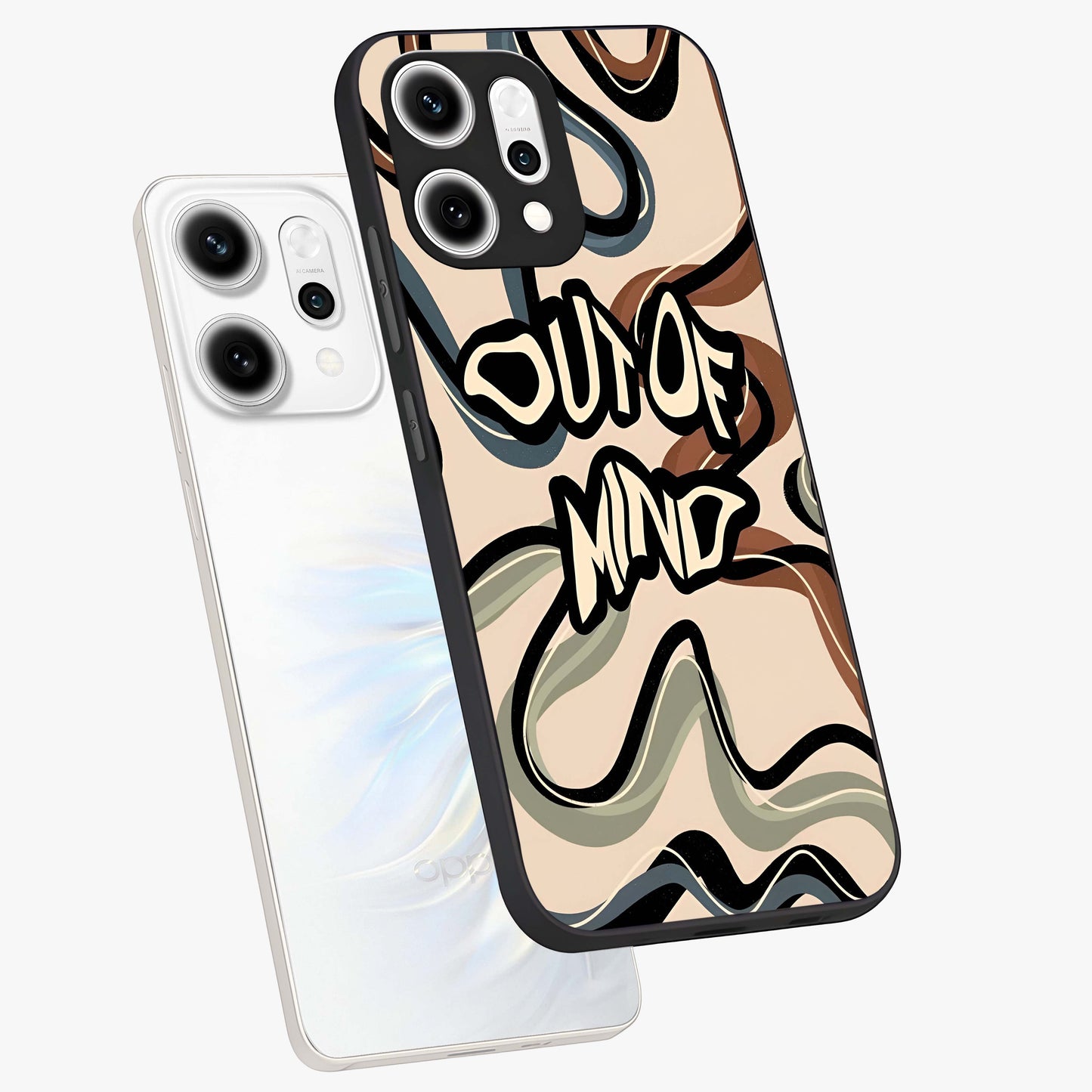 Out Of Mind Glass Case displayed in angled mockup highlighting bold statement design with modern artistic aesthetic.