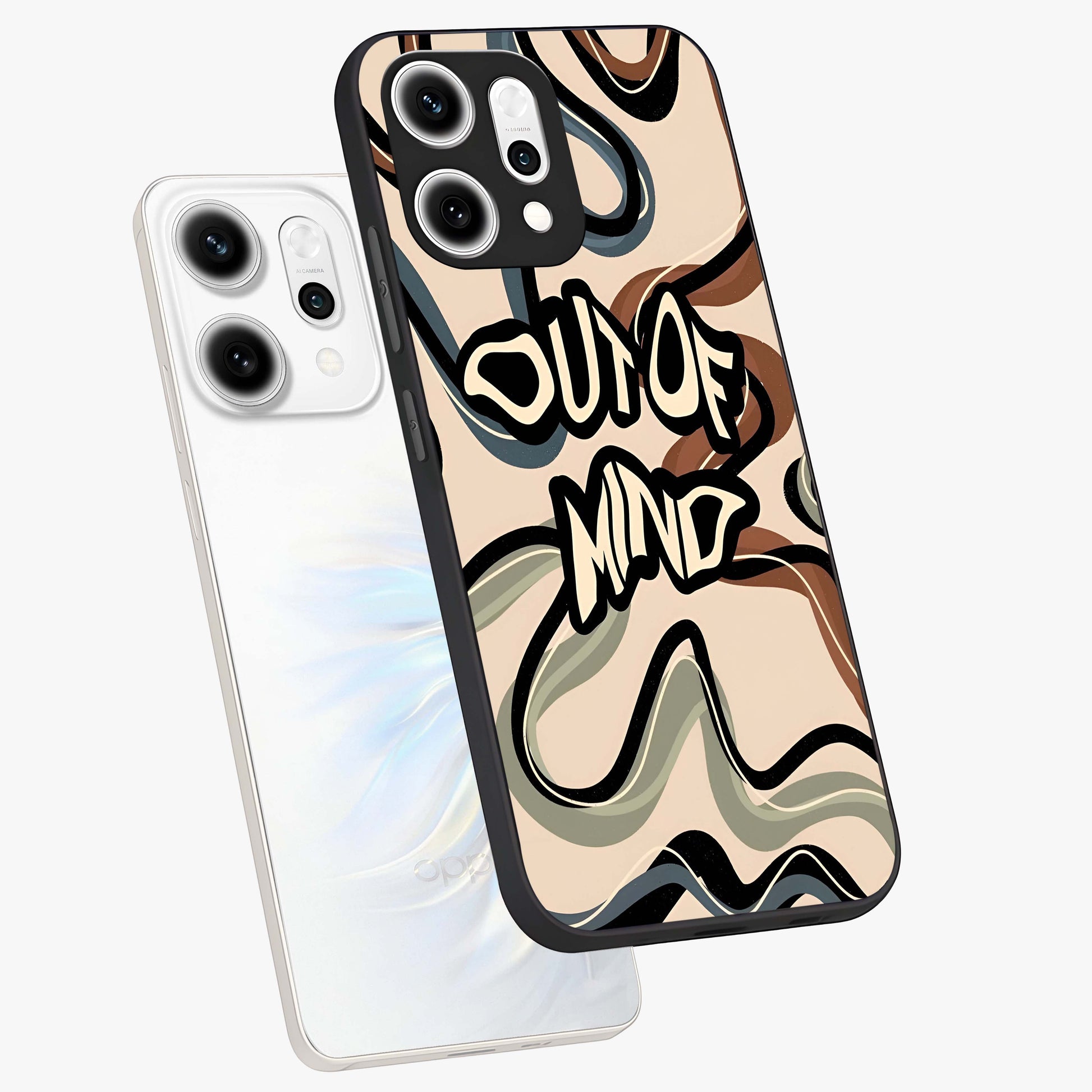 Out Of Mind Glass Case displayed in angled mockup highlighting bold statement design with modern artistic aesthetic.