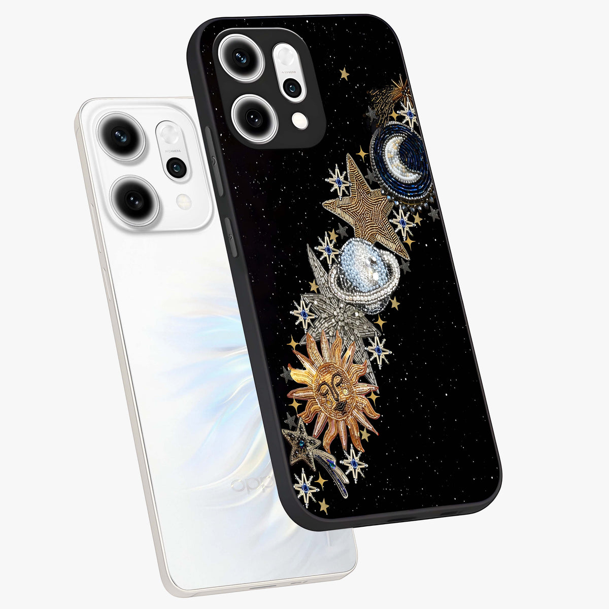 Pearls Universe Object Glass Case displayed in angled mockup highlighting celestial pearl design with dreamy aesthetic.