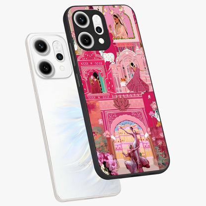 Pink Palace Muse Glass Case displayed in angled mockup highlighting dreamy palace illustration with soft pink aesthetic.