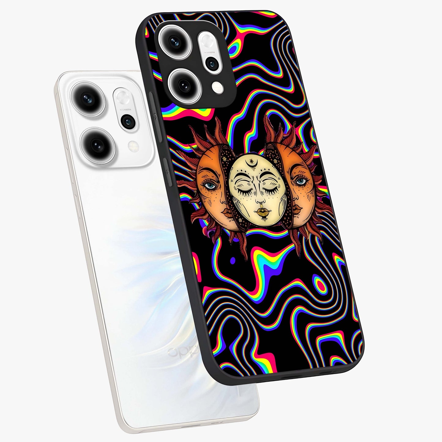 Psychedelic Sun Glass Case displayed in angled mockup highlighting vibrant abstract sun design with artistic aesthetic style.