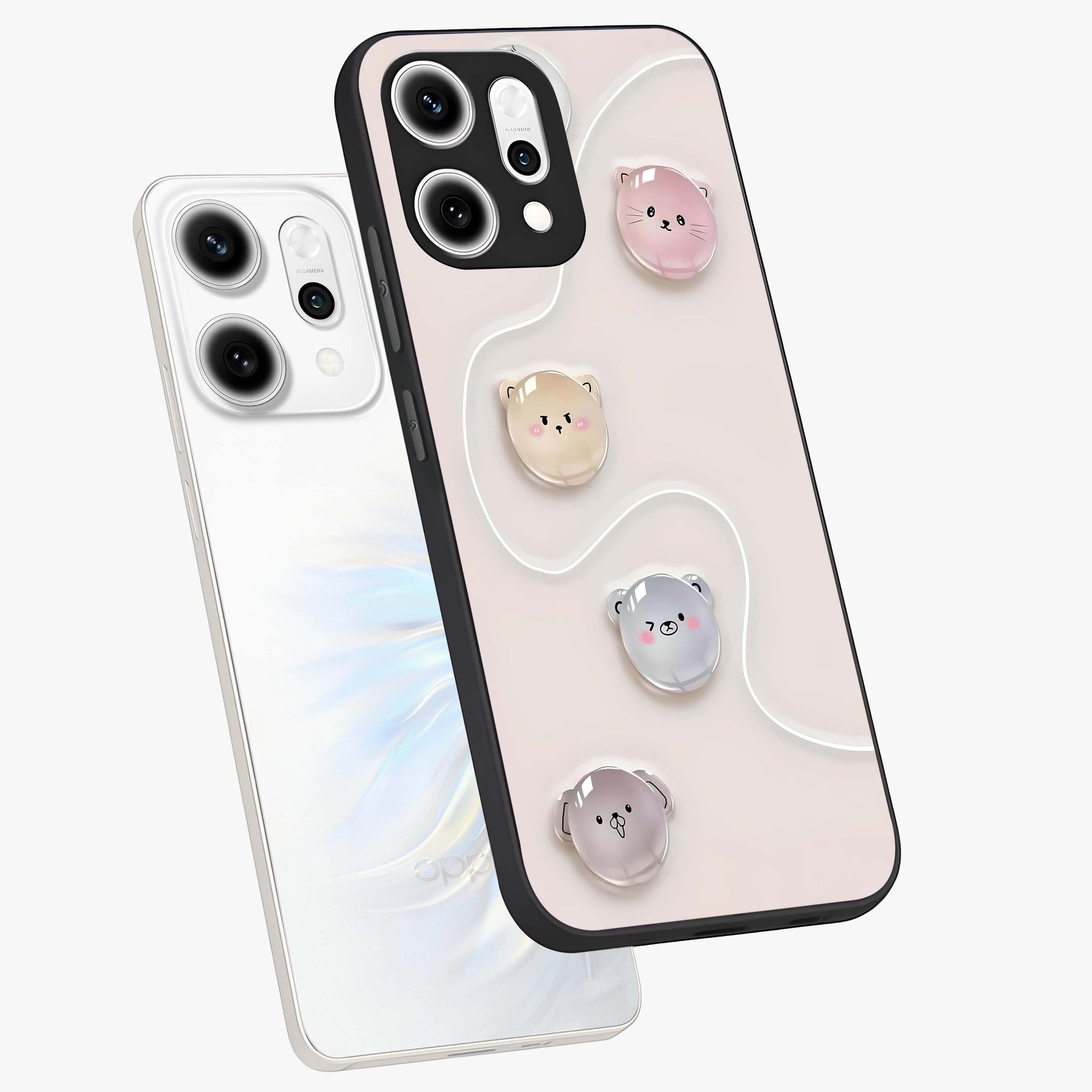 Puffy Face Parade Glass Case displayed in angled mockup highlighting playful cartoon face design with fun aesthetic.