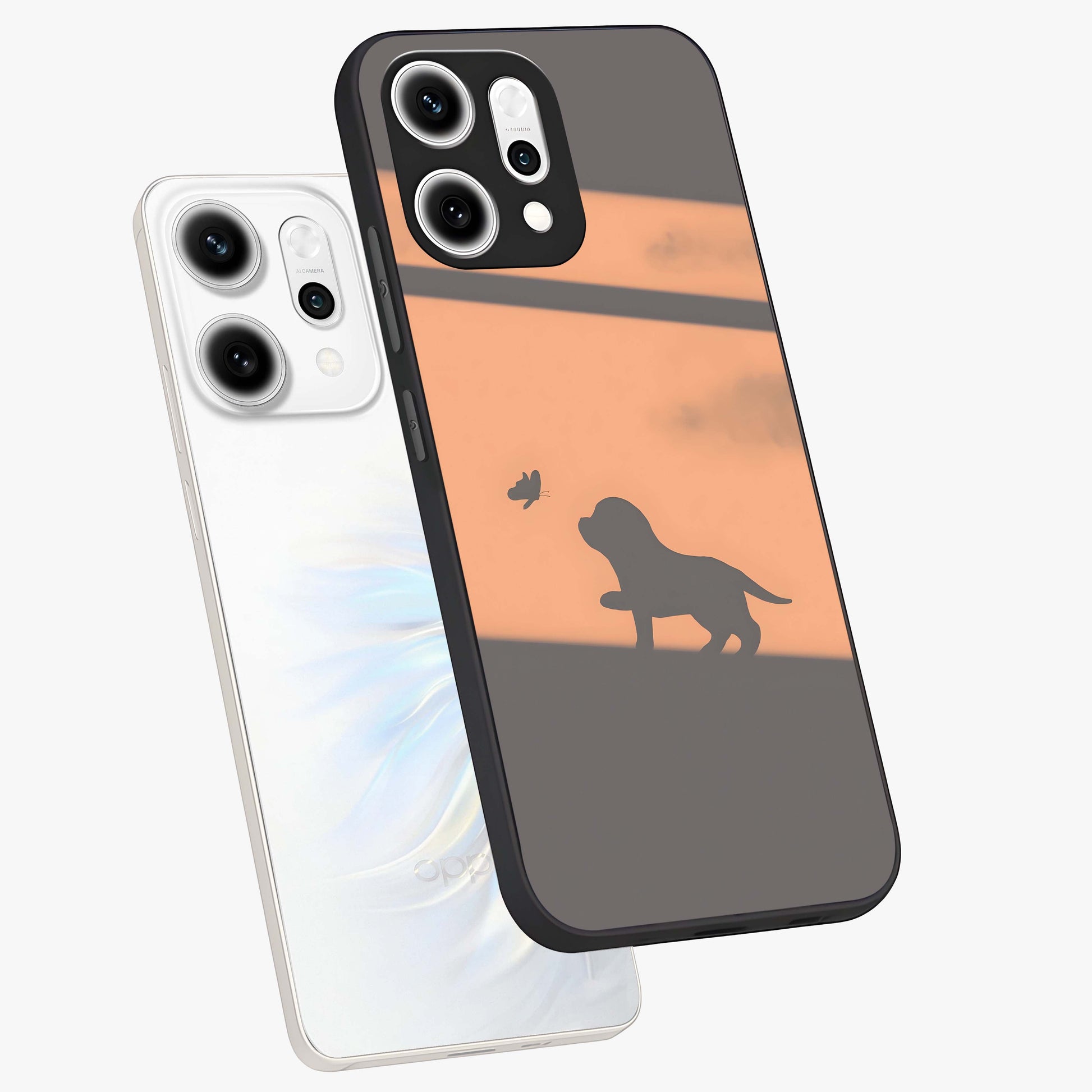 Puppy Shadow Art Glass Case displayed in angled mockup highlighting playful dog illustration with artistic shadow aesthetic.