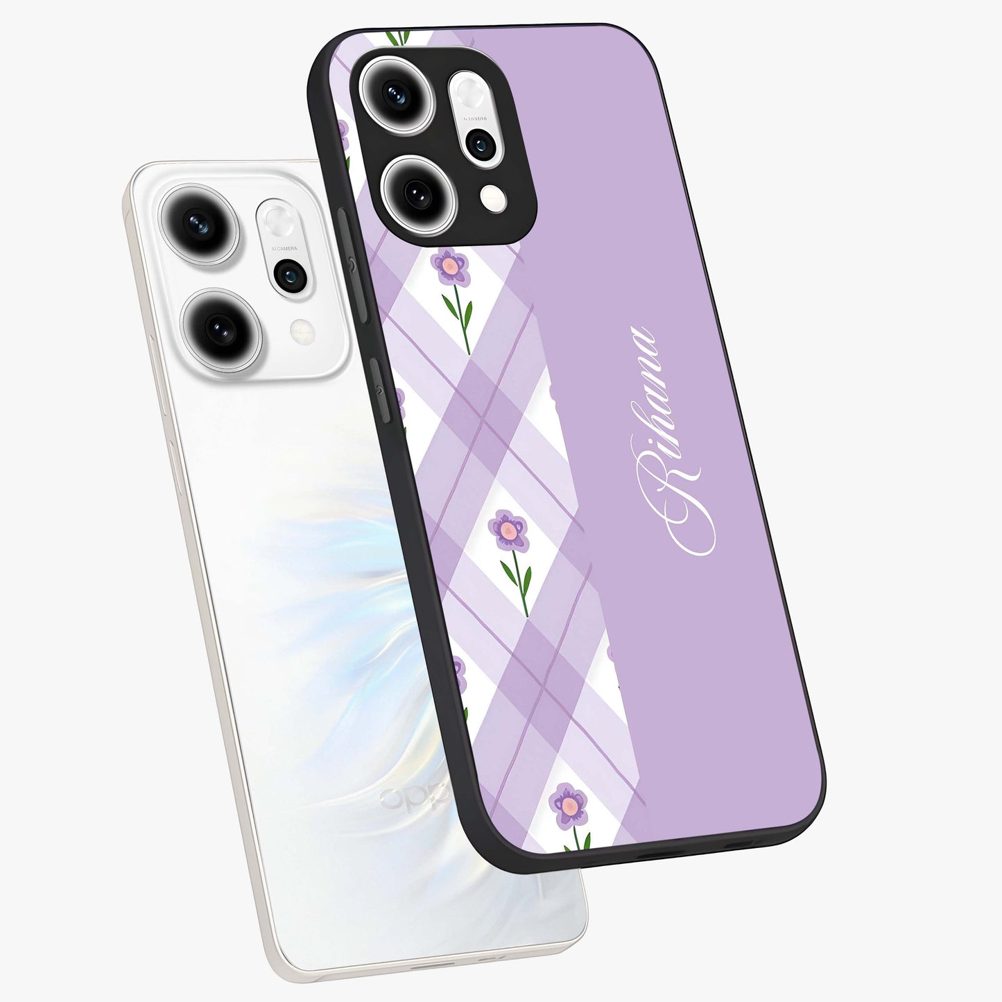 Purple Diamond Floral Glass Case displayed in angled mockup highlighting elegant purple flower design with decorative pattern.