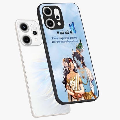 Radha Krishna Eternal Glass Case displayed in angled mockup highlighting divine Radha Krishna illustration with spiritual aesthetic.