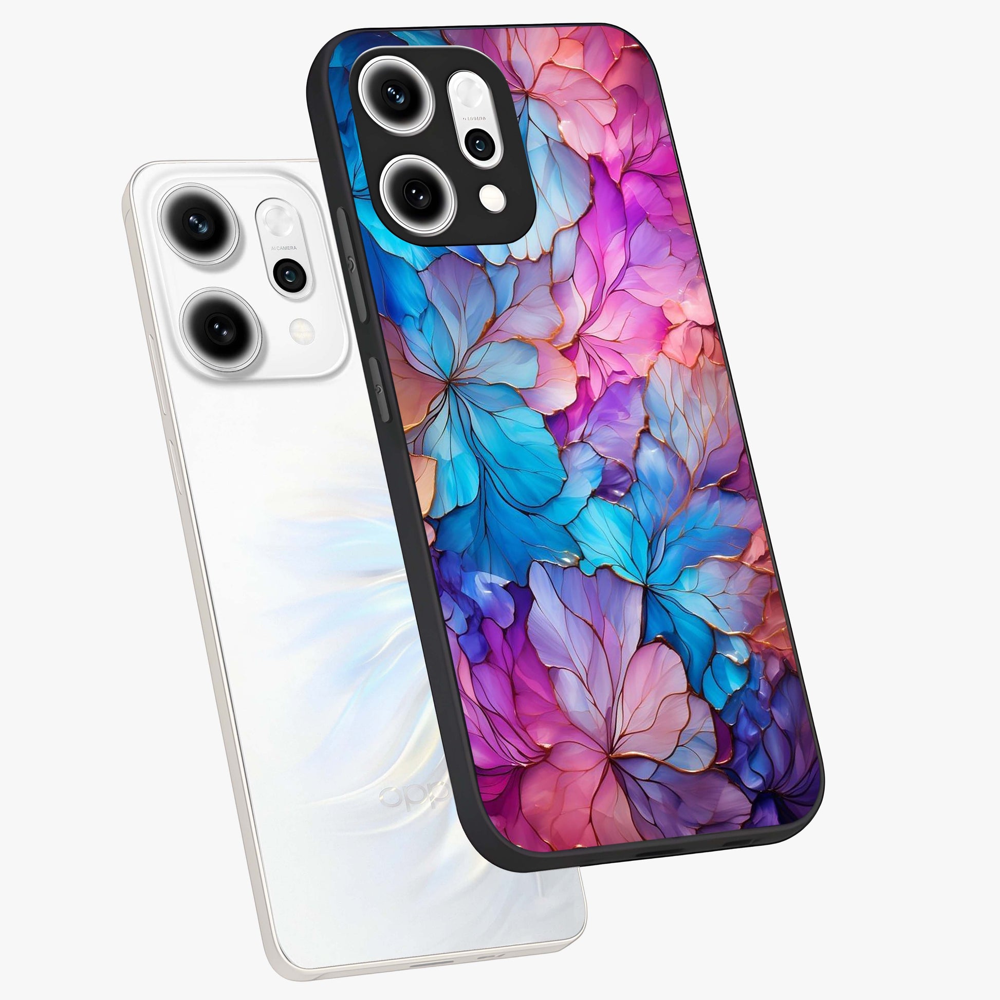 Radiant Floral Whirl Glass Case displayed in angled mockup highlighting vibrant flower pattern with dynamic artistic aesthetic.