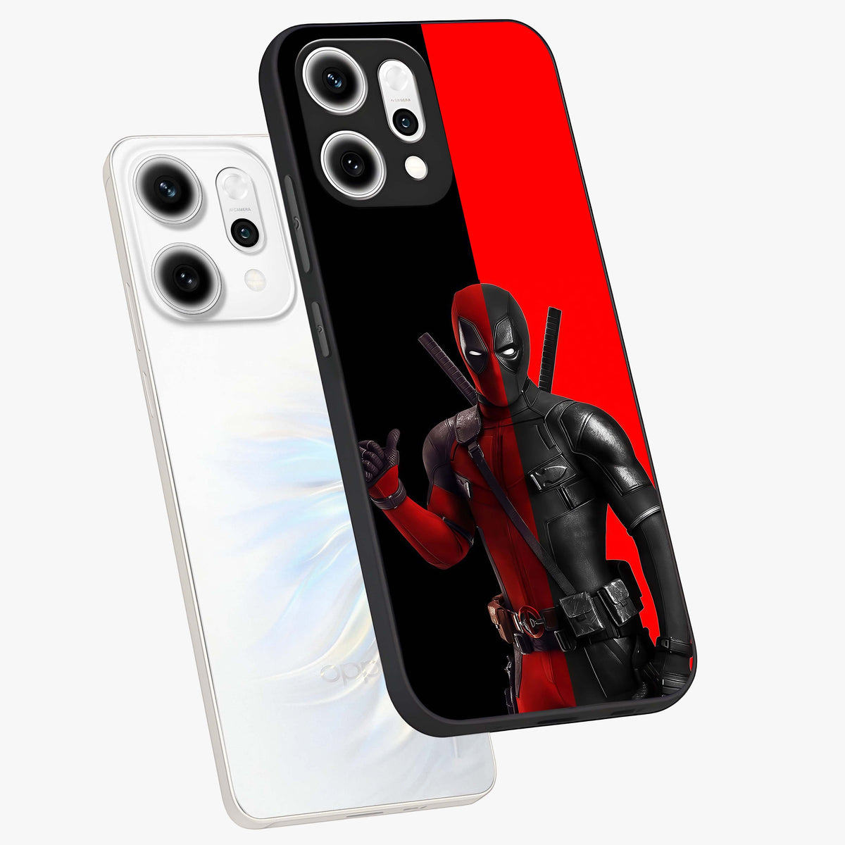 Red & Black Deadpool Theme Glass Case displayed in angled mockup highlighting vibrant superhero style illustration with action aesthetic.