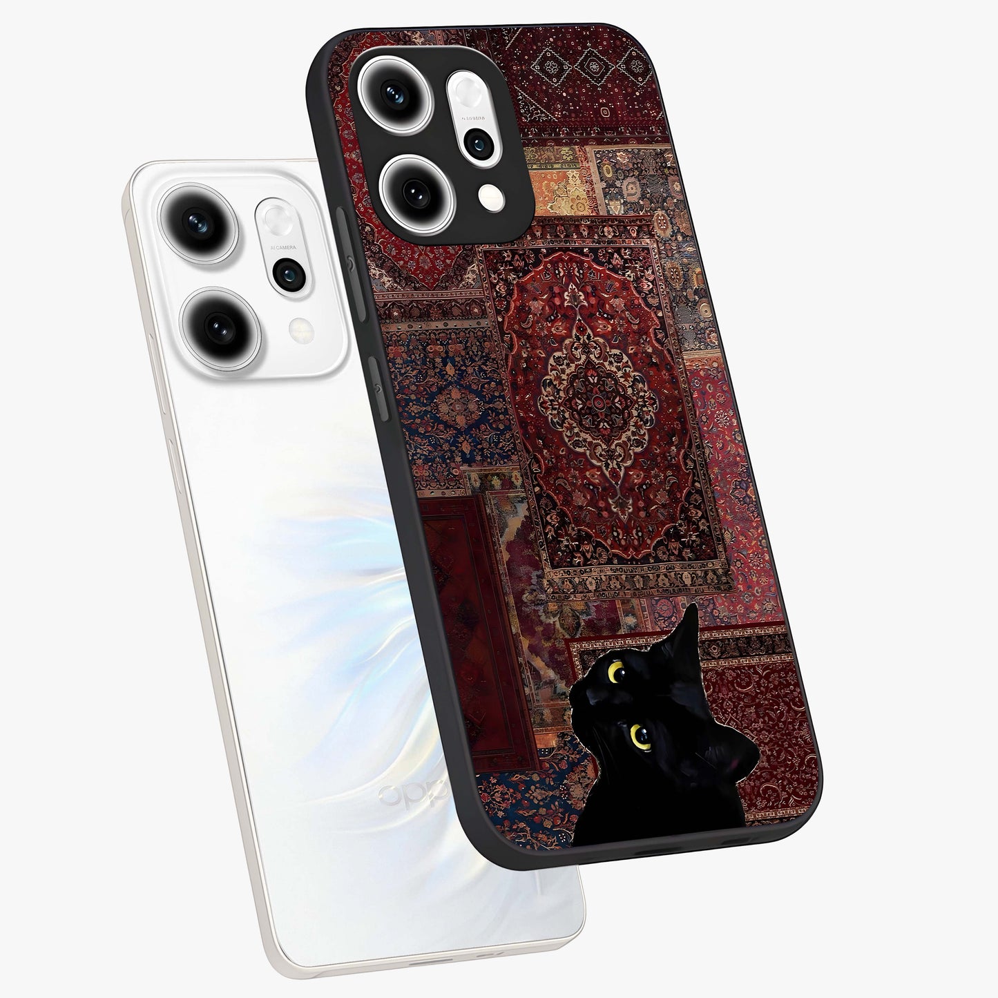 Regal Magic Cat Apple Glass Case displayed in angled mockup highlighting whimsical feline design with fantasy aesthetic.