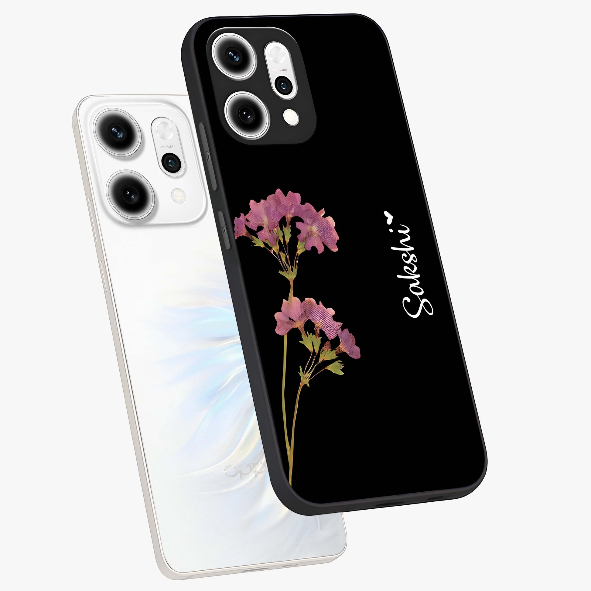Riching Lavender Flower Custom Name Glass Case displayed in angled mockup highlighting delicate lavender flower design with custom name feature.