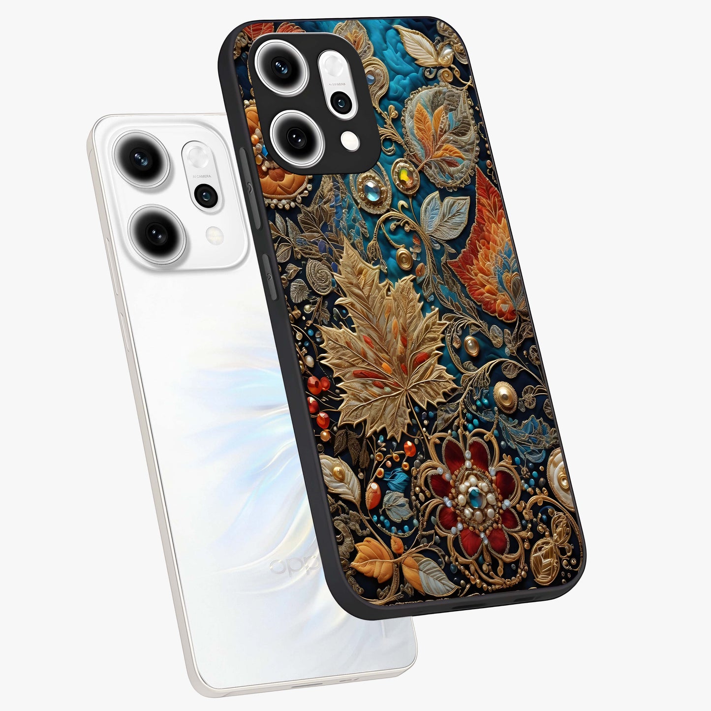 Royal Jewel Garden Glass Case displayed in angled mockup highlighting vibrant jewel inspired floral design with elegant aesthetic.
