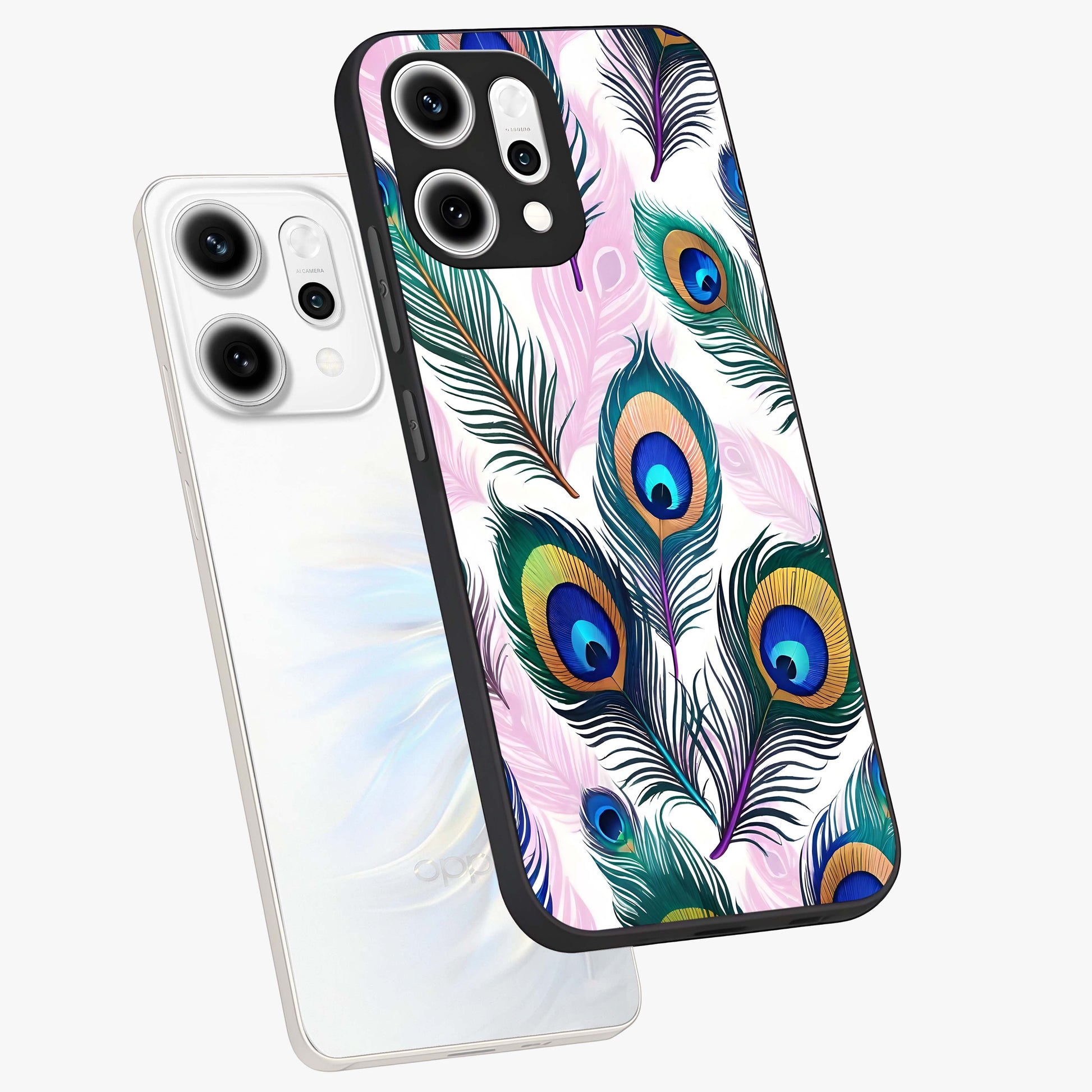 Royal Peacock Feathers Glass Case displayed in angled mockup highlighting vibrant feather pattern with regal aesthetic style.
