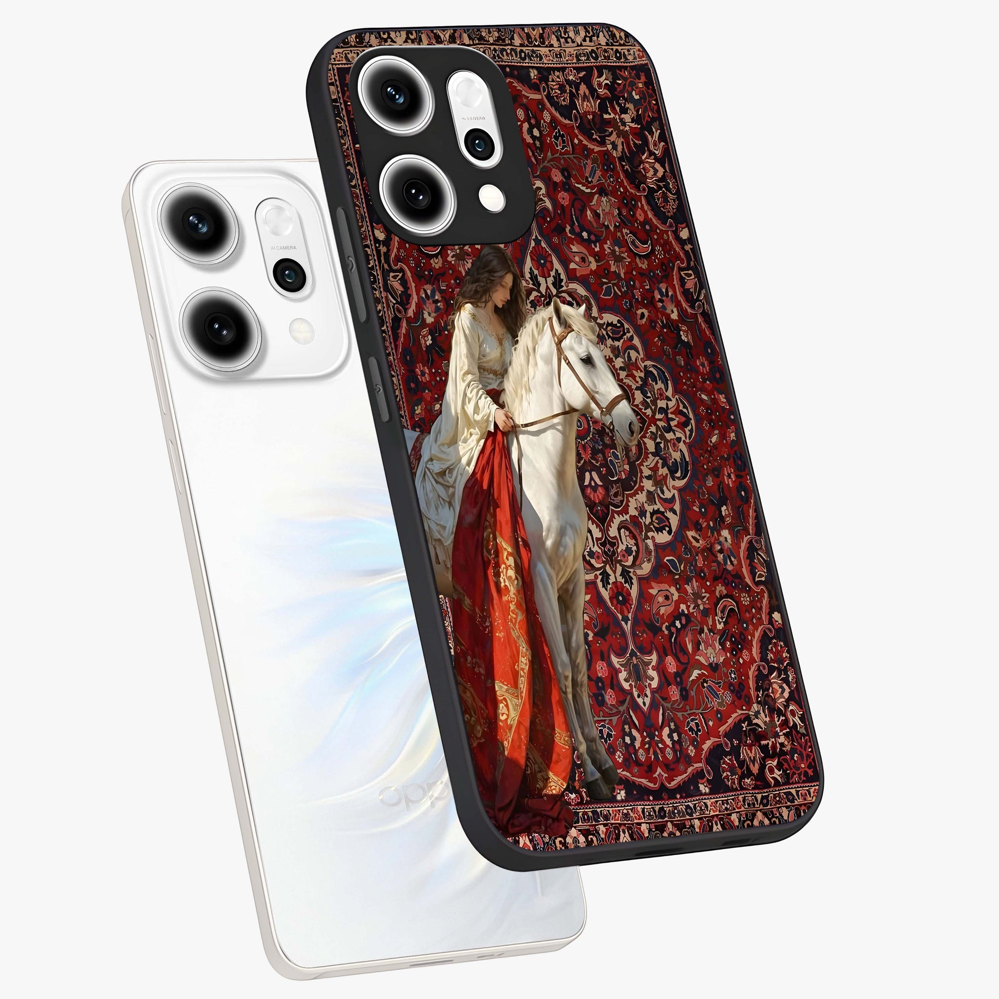 Royal Rider Tapestry Glass Case displayed in angled mockup highlighting traditional tapestry design with royal heritage aesthetic.