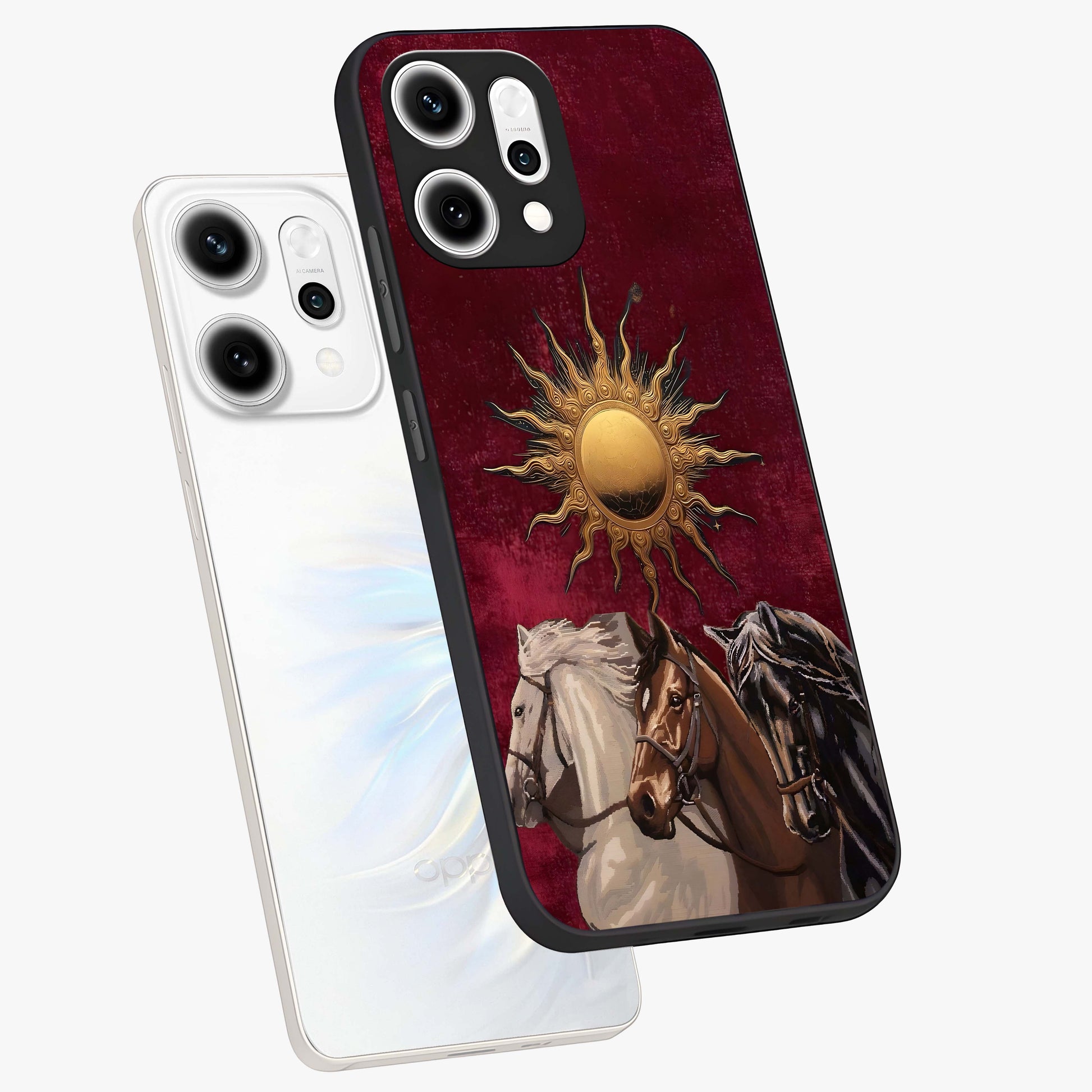 Solar Riders Glass Case displayed in angled mockup highlighting powerful rider illustration with radiant solar aesthetic.