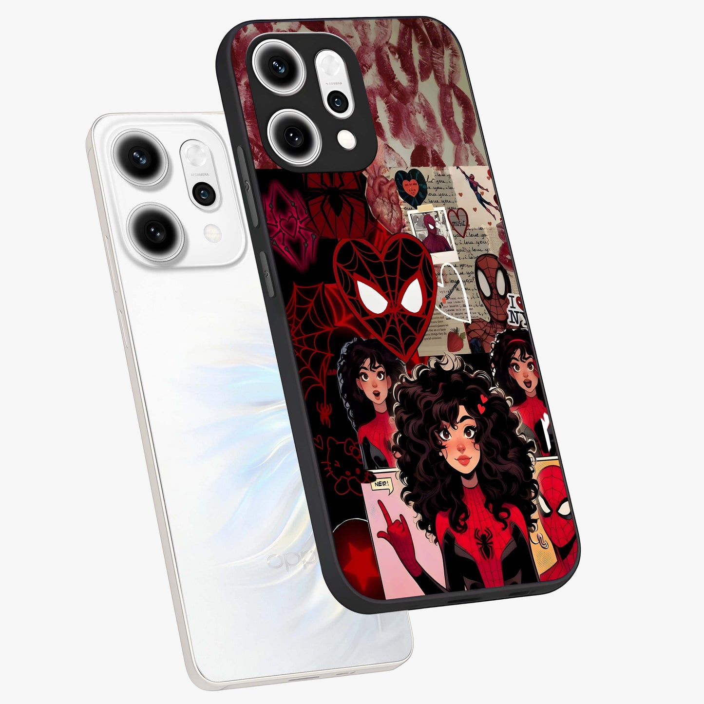 Spider Love Story Glass Case displayed in angled mockup highlighting expressive comic inspired design with playful aesthetic.