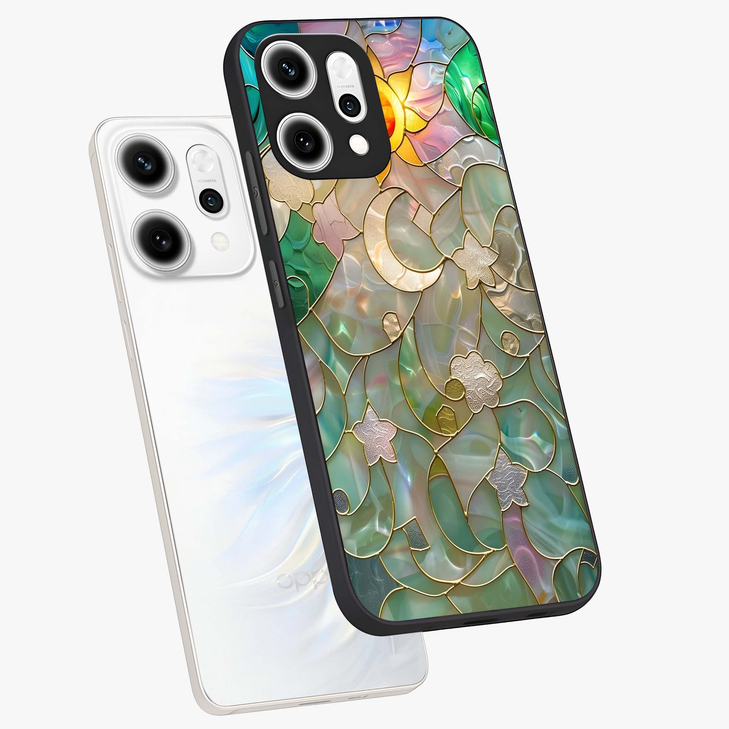 Stained Sunrise Glow Glass Case displayed in angled mockup highlighting radiant sunrise design with artistic aesthetic style.