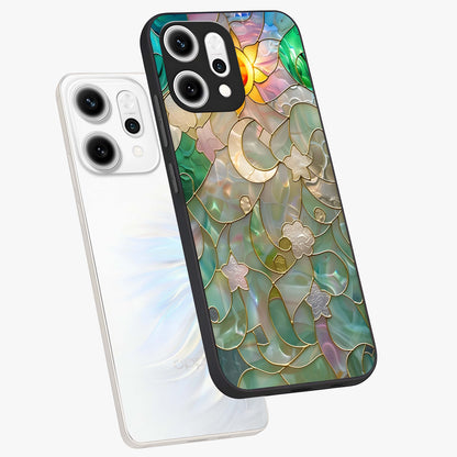 Stained Sunrise Glow Glass Case displayed in angled mockup highlighting radiant sunrise design with artistic aesthetic style.