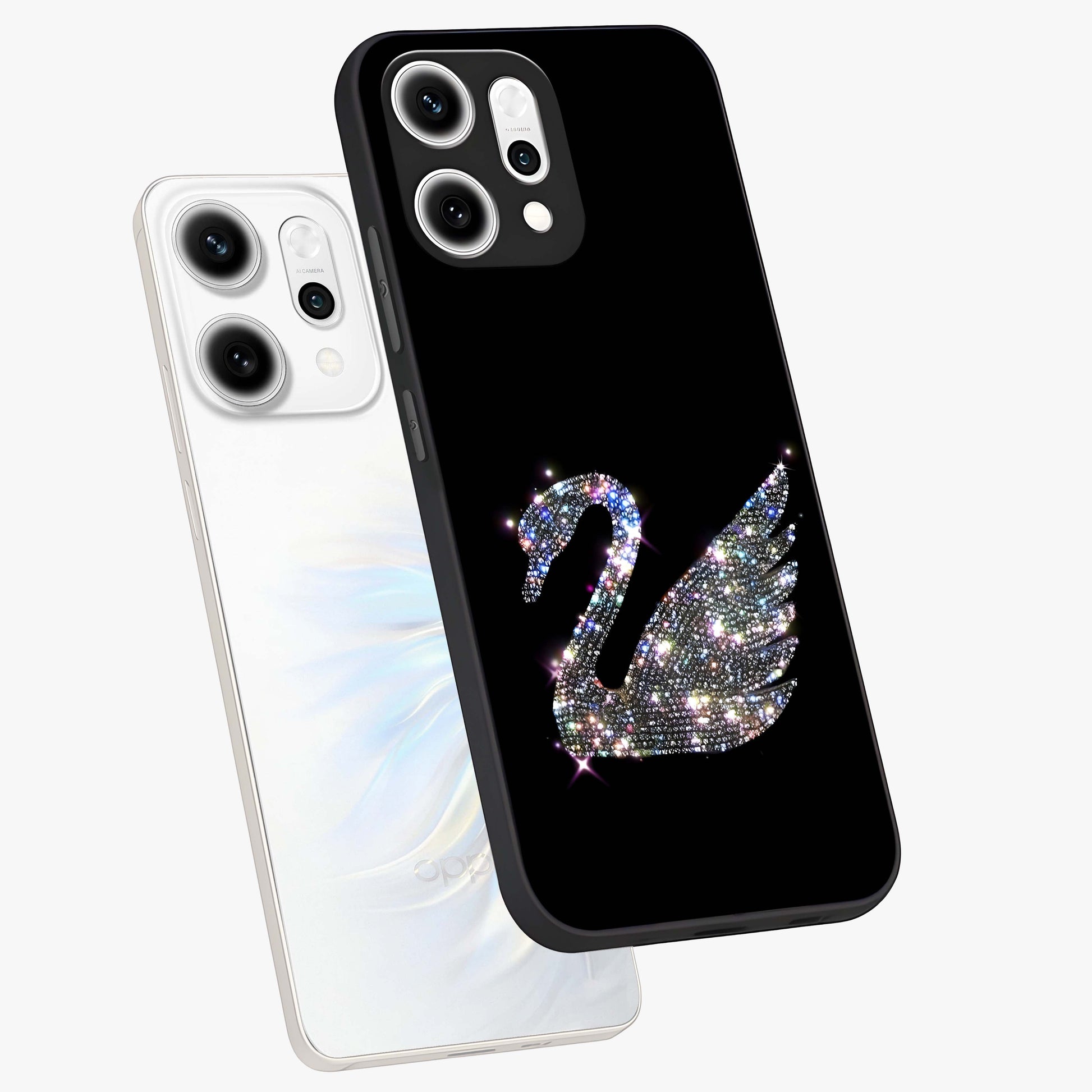 Starlit Swan Grace Glass Case displayed in angled mockup highlighting elegant swan illustration with dreamy celestial aesthetic.