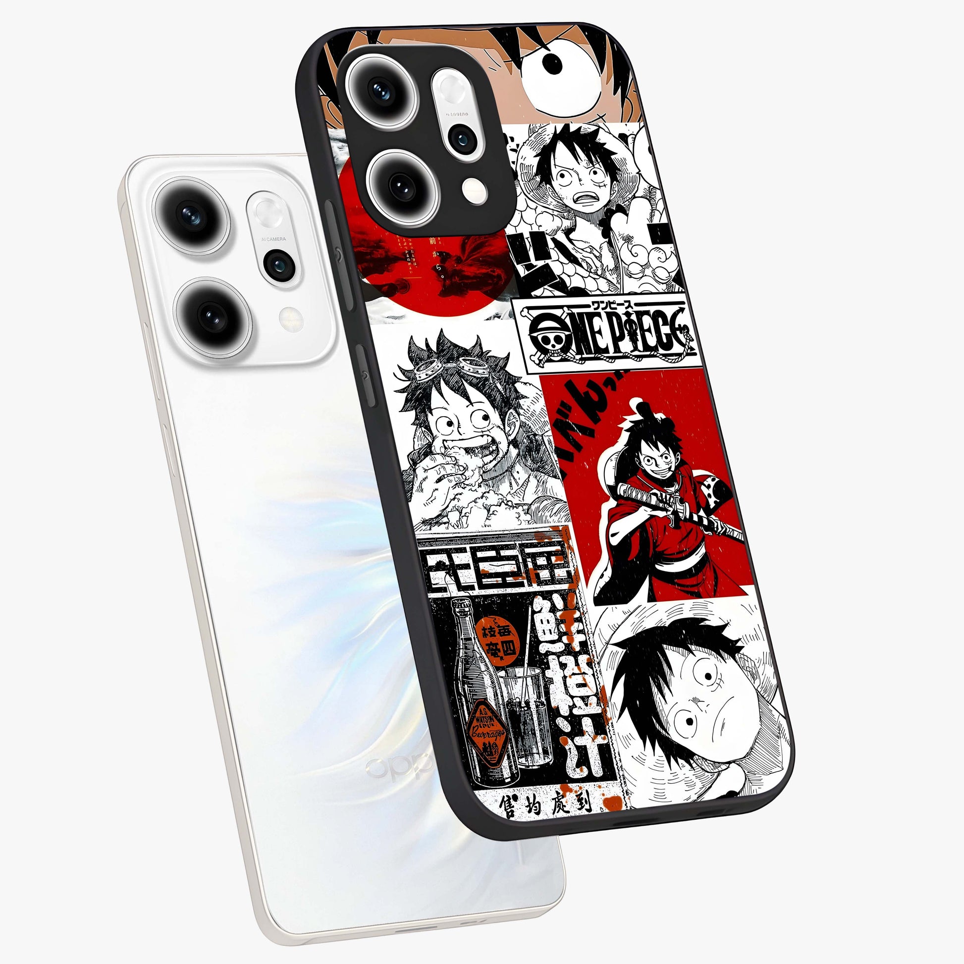 Strawhat Chaos Panels Glass Case displayed in angled mockup highlighting vibrant anime collage design with action aesthetic.