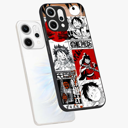 Strawhat Chaos Panels Glass Case displayed in angled mockup highlighting vibrant anime collage design with action aesthetic.