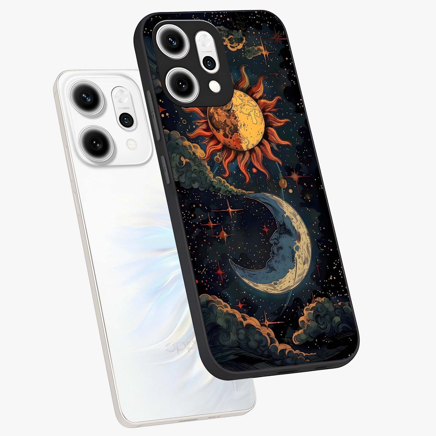 Sun And Moon Magic Design Glass Case displayed in angled mockup highlighting celestial design with magical cosmic aesthetic.