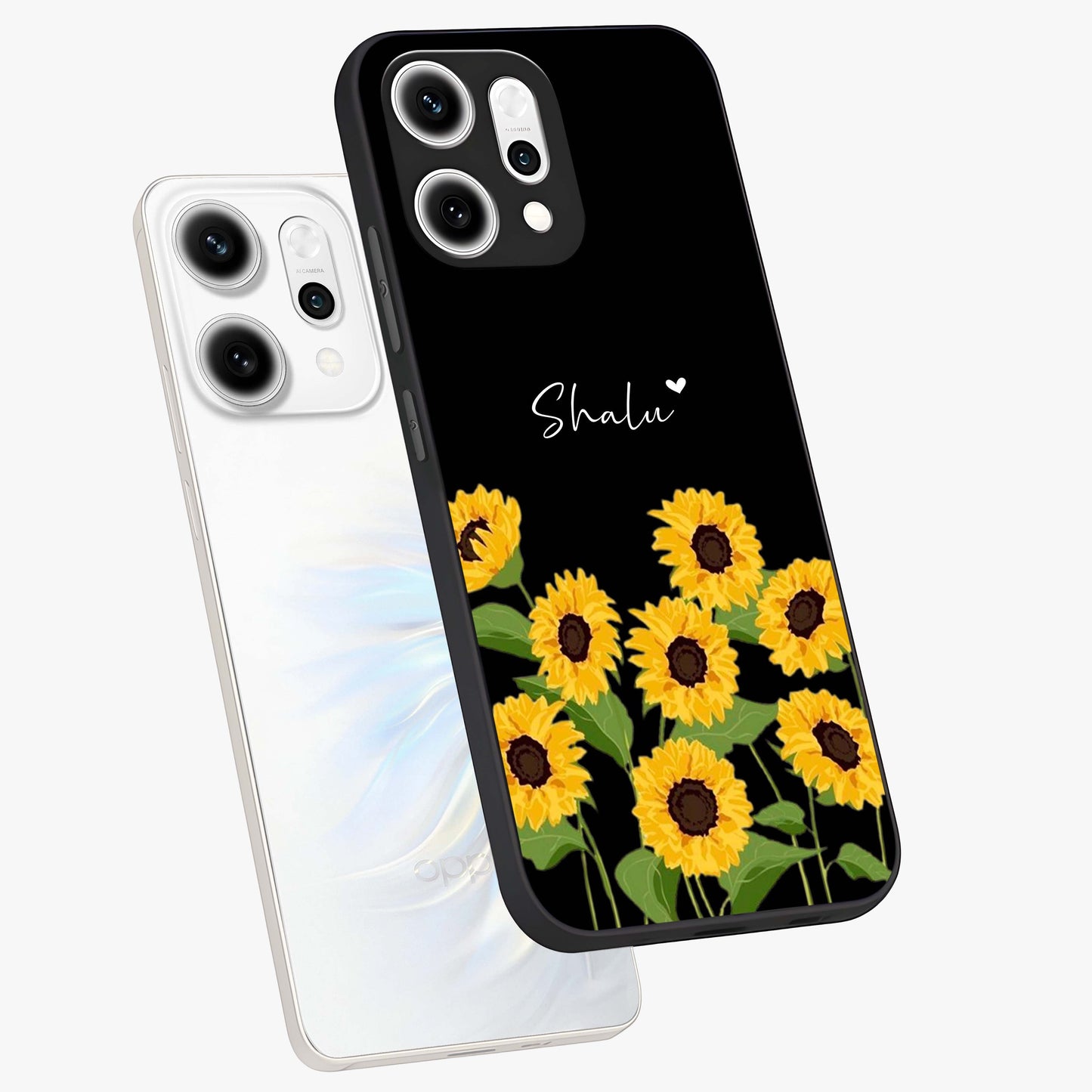 Sunflower Chic Mood Custom Name Glass Case displayed in angled mockup highlighting vibrant sunflower design with custom name feature.