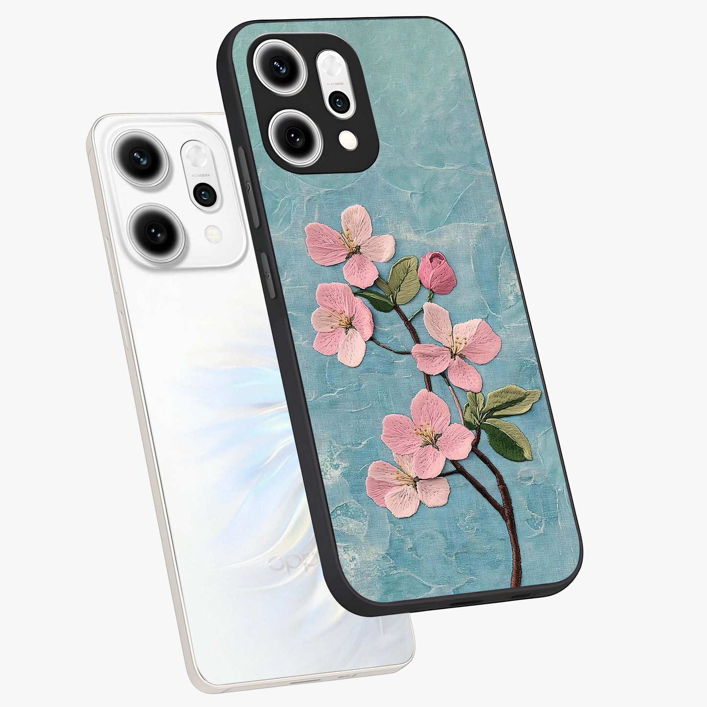 Threaded Blossom Breeze Glass Case displayed in angled mockup highlighting elegant floral design with soft aesthetic style.